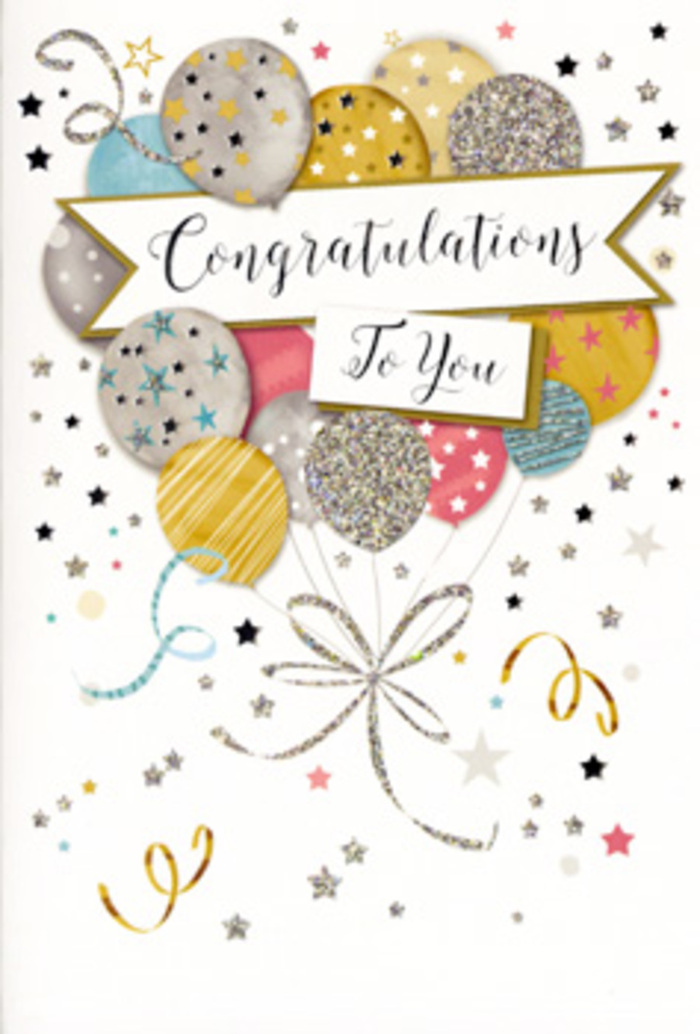 This congratulations card design brings to mind the comforting warmth of celebrations in Noak Hill, where good news is shared over cups of tea and surprise bouquets. The card's focal point is a lively yet refined bundle of balloons floating in the upper centre. Each balloon is depicted with soft shading and smooth curves, giving a sense of volume and gentle movement, as if they are bobbing slightly in an unseen breeze. The colours are a sophisticated mix of muted gold, brushed silver, champagne, sky blue, pale pink, and soft grey, creating a calm but distinctly festive palette. Some balloons are scattered with tiny star motifs, others carry slender stripes, and a few glimmer with a confetti of fine dots, resembling delicate glitter work that might be felt as a subtle texture beneath the fingertips. Their slender strings, sketched in graceful arcs of gold and silver, trail downward and intertwine, evoking the way a florist might twist together ribbon tails after tying them around a bouquet ready for delivery along Noak Hill Road. Anchoring the composition is a gently curved banner that crosses the middle of the card, displaying the words "Congratulations To You" in sweeping, cursive lettering that feels genuinely warm and celebratory. All around, the pale backdrop is adorned with sprinklings of metallic stars, dotted confetti, and curling ribbons, suggesting the joyful chaos of a party just beginning. The overall effect is of a card that is airy yet meaningful, an ideal companion for flowers sent to celebrate exam successes, engagements, or new chapters for families and friends in and around Noak Hill.