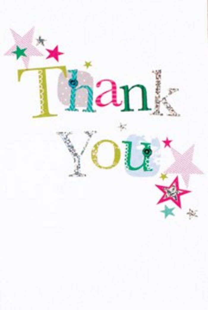 Elegance meets exuberance in this thank you card, much like the harmonious blend of old and new that defines Noak Hill. The message 'Thank You' sits gracefully at the center, each letter artistically designed in bold lime green, lively fuchsia, and tranquil blue, all complemented by hand-drawn spots, intricate stitches, and gleaming hints of silver that recall light glancing through the sycamores along Goatswood Lane. A gentle scattering of stars in rose pink, rich teal, and flickers of silver clusters around the heartfelt words, creating an air of soft celebration that feels both spontaneous and carefully composed. The pure white background provides a serene contrast, ensuring every color and pattern stands out clearly. This contemporary, joyful composition carries an understated sophistication familiar to those living near Noak Hill's leafy avenues. Tactile and inviting, the design feels right at home bundled with a bouquet for any occasion-a gracious note to thank a neighbor for kindness, or to accompany flowers welcoming a new arrival on Whitchurch Road. Cards like these, crafted with precision and affection, are as uplifting and lasting as the vibrant blooms we prepare at Florist Noak Hill for delivery throughout the area.